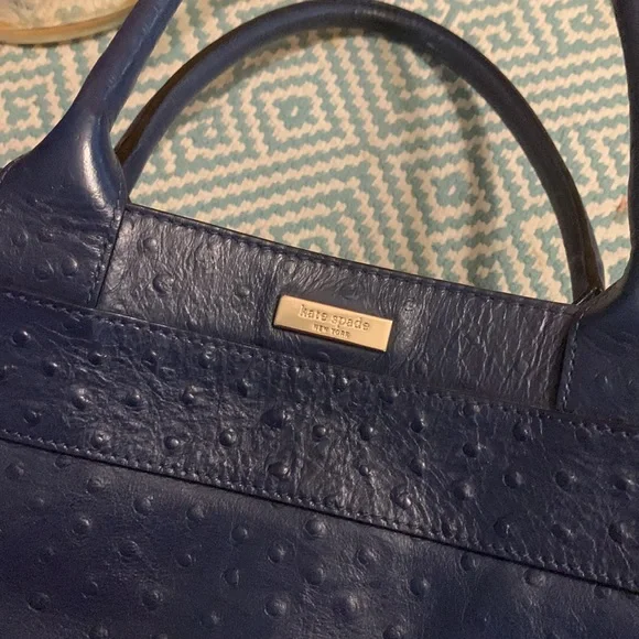 Kate Spade Bow Handbag + Large Ziparound Wallet Clutch Set Navy Ostrich - Picture 3 of 9